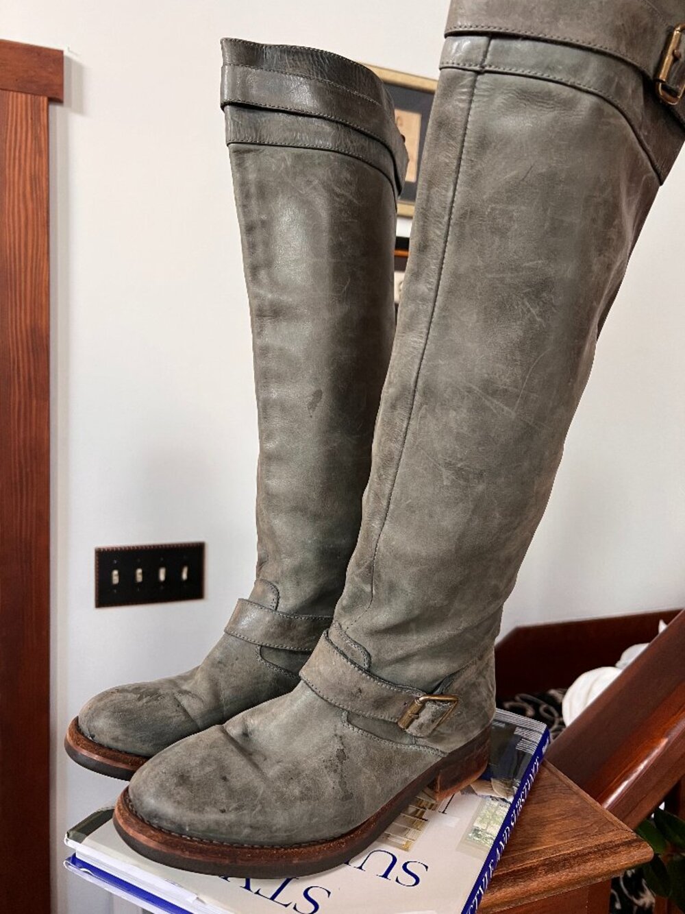 Madden Girl Canyon Women Grey Biker Slide-on Knee High Boots sz 9